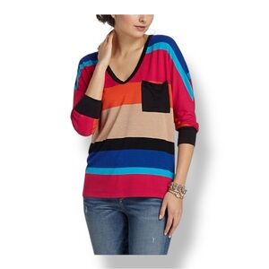 Bordeaux Anthropologie Long Sleeve Multicolor Stripe V-Neck T-Shirt, size M